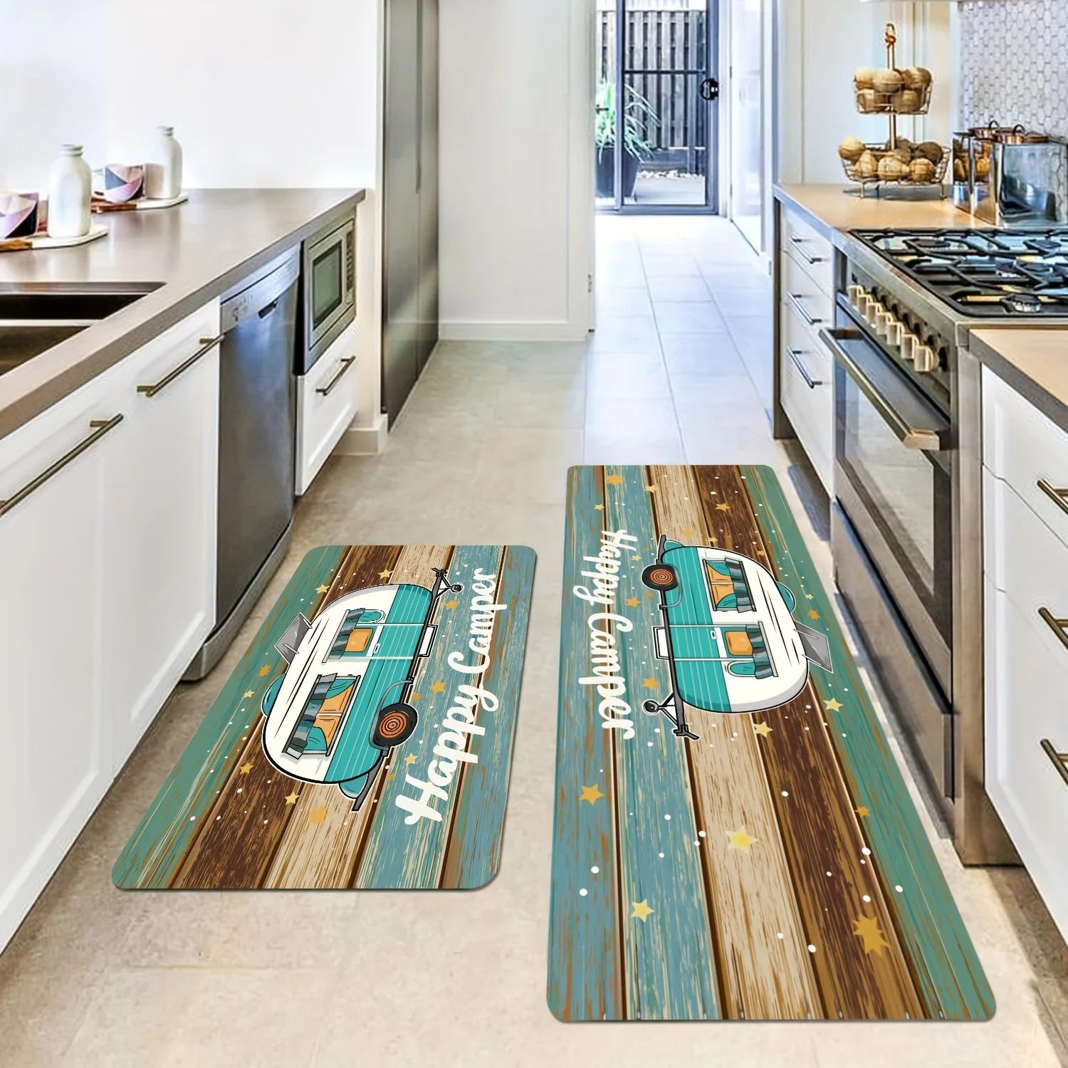 Camping Car Pattern Mat - Colorful Wood Grain with White Letters, Non-Slip Outdoor Rug for RV, Picnic & Travel Decor