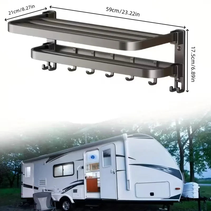2-Layer RV Foldable Towel Rack - Wall Mounted Storage Space For Campers To Save Space 90 ° Foldable Aluminum Storage Rack