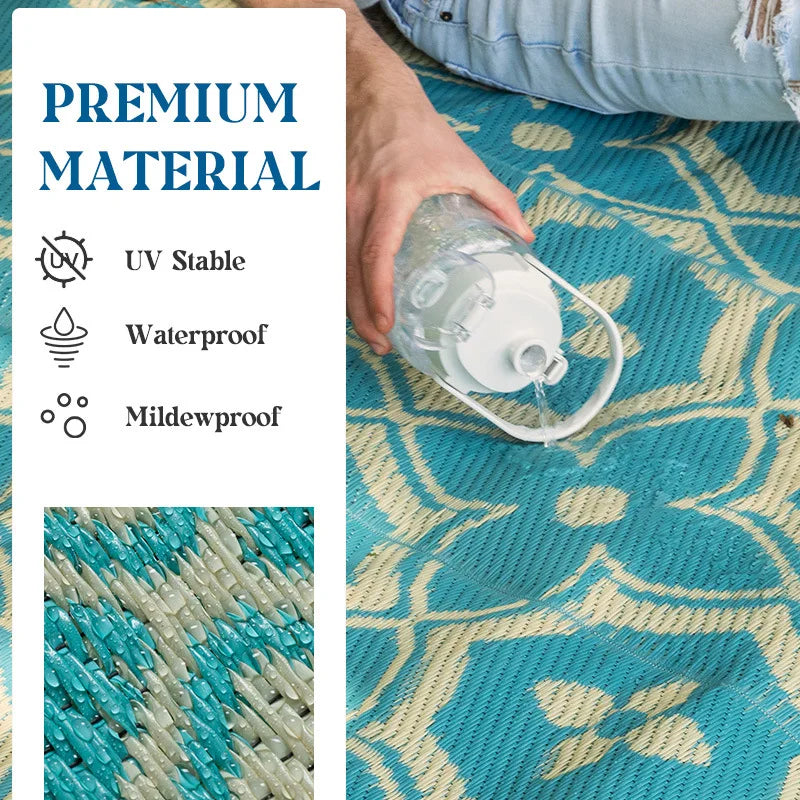 Large Outdoor Carpet for Patio Reuse Motorhome Patio Rugs Foldable Portable Summer Waterproof PP Tube Woven Beach Floor Mat Blue
