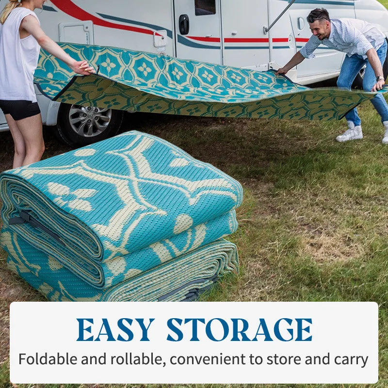 Large Outdoor Carpet for Patio Reuse Motorhome Patio Rugs Foldable Portable Summer Waterproof PP Tube Woven Beach Floor Mat Blue