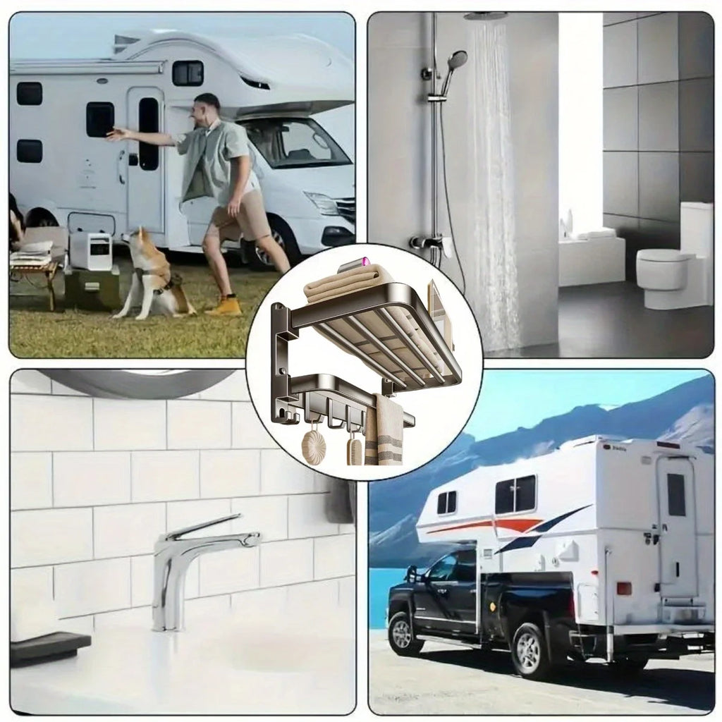 2-Layer RV Foldable Towel Rack - Wall Mounted Storage Space For Campers To Save Space 90 ° Foldable Aluminum Storage Rack