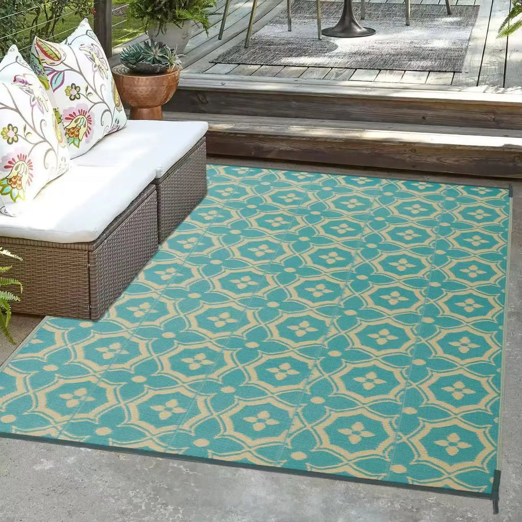 Large Outdoor Carpet for Patio Reuse Motorhome Patio Rugs Foldable Portable Summer Waterproof PP Tube Woven Beach Floor Mat Blue