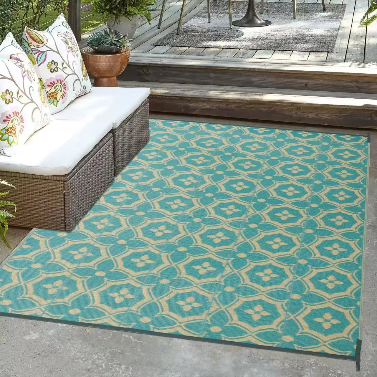 Large Outdoor Carpet for Patio Reuse Motorhome Patio Rugs Foldable Portable Summer Waterproof PP Tube Woven Beach Floor Mat Blue