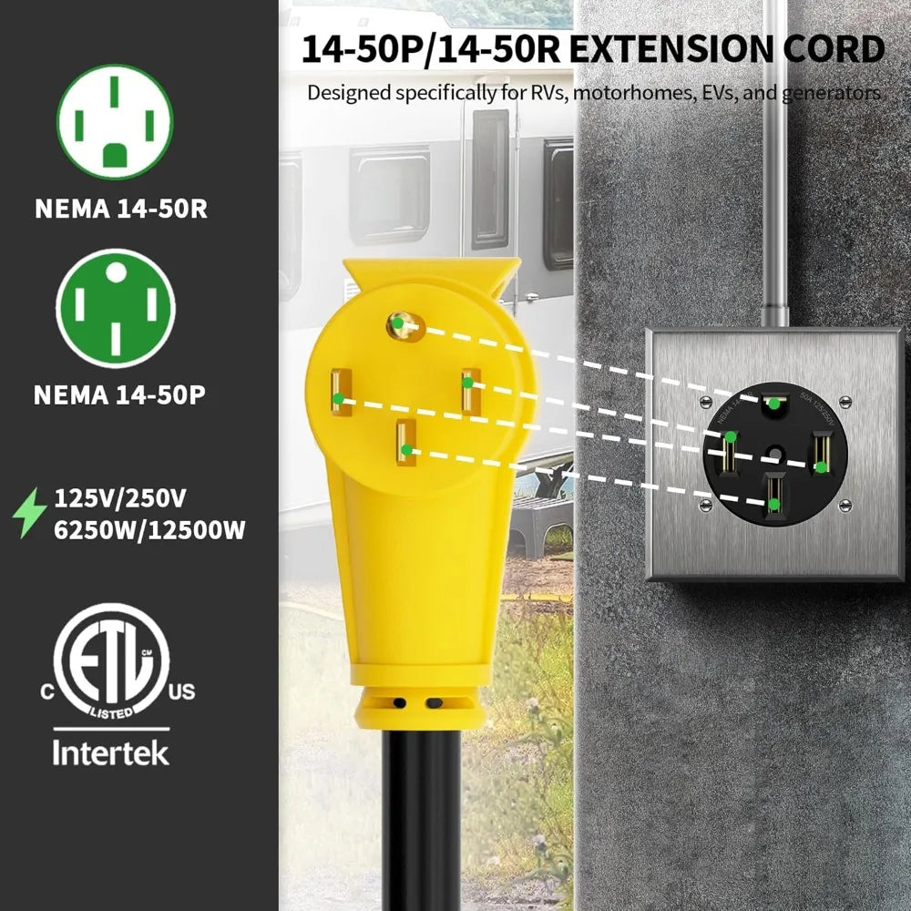 US Shipping NEMA 14-50P to NEMA 14-50R 25FT Extension Cord 50 Amp Heavy Duty RV EV Power Cable Outdoor Waterproof Flexible
