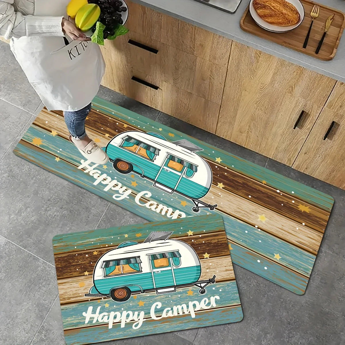 Camping Car Pattern Mat - Colorful Wood Grain with White Letters, Non-Slip Outdoor Rug for RV, Picnic & Travel Decor