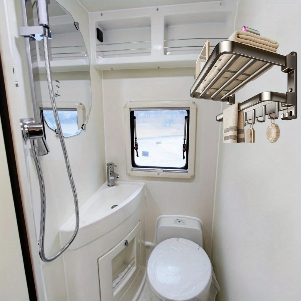 2-Layer RV Foldable Towel Rack - Wall Mounted Storage Space For Campers To Save Space 90 ° Foldable Aluminum Storage Rack