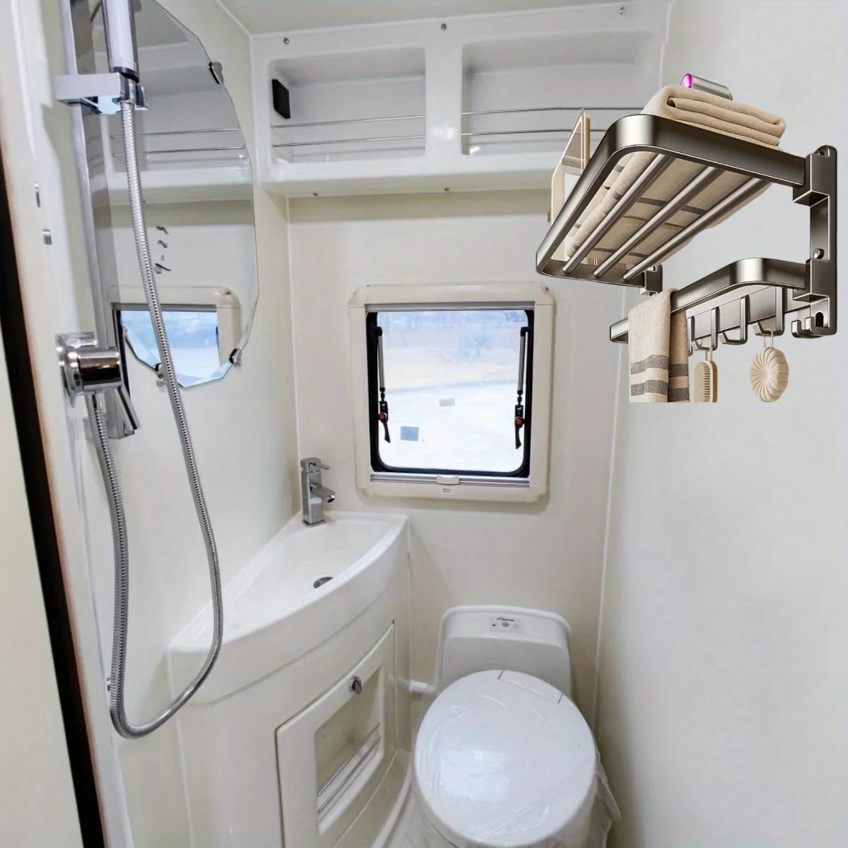 2-Layer RV Foldable Towel Rack - Wall Mounted Storage Space For Campers To Save Space 90 ° Foldable Aluminum Storage Rack