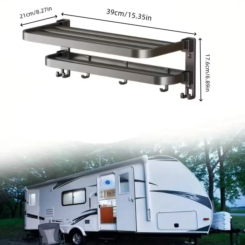 2-Layer RV Foldable Towel Rack - Wall Mounted Storage Space For Campers To Save Space 90 ° Foldable Aluminum Storage Rack
