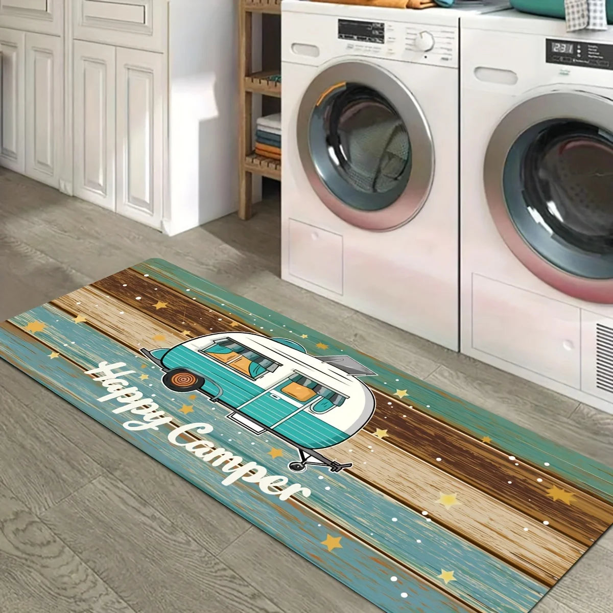 Camping Car Pattern Mat - Colorful Wood Grain with White Letters, Non-Slip Outdoor Rug for RV, Picnic & Travel Decor