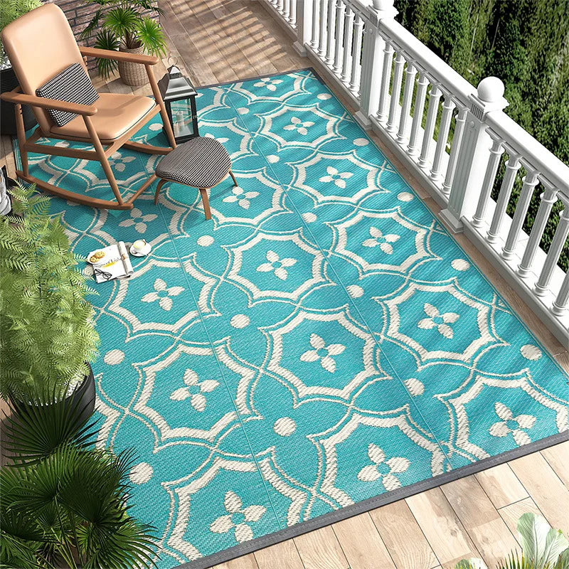Large Outdoor Carpet for Patio Reuse Motorhome Patio Rugs Foldable Portable Summer Waterproof PP Tube Woven Beach Floor Mat Blue