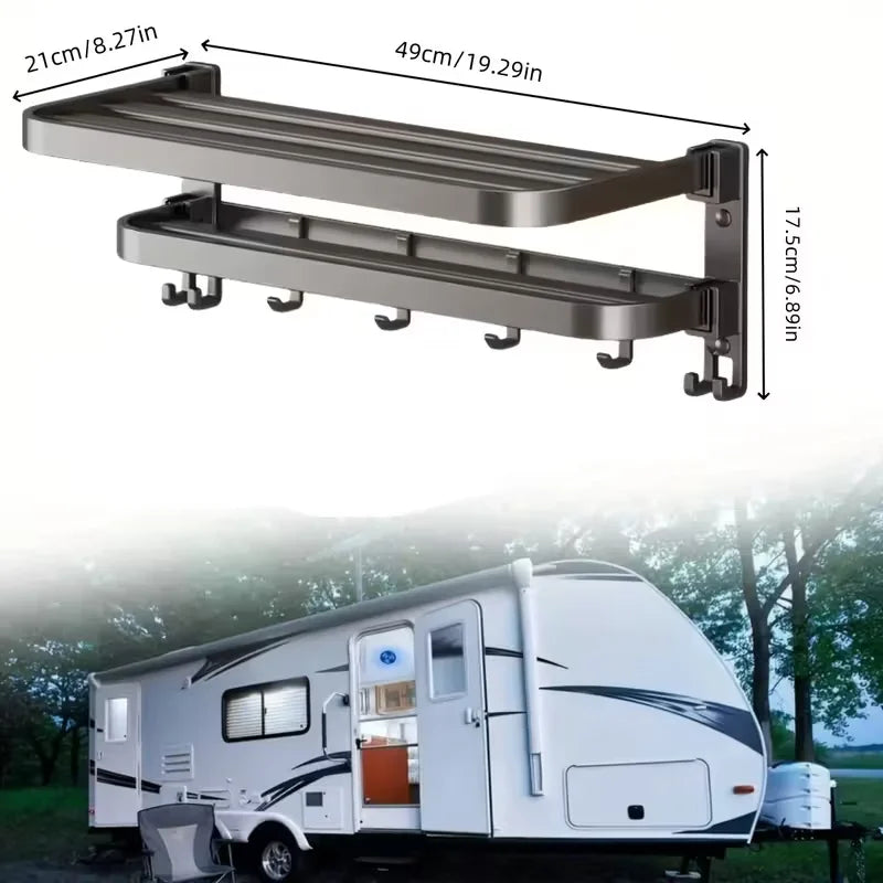 2-Layer RV Foldable Towel Rack - Wall Mounted Storage Space For Campers To Save Space 90 ° Foldable Aluminum Storage Rack