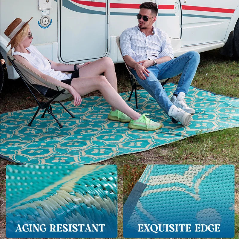 Large Outdoor Carpet for Patio Reuse Motorhome Patio Rugs Foldable Portable Summer Waterproof PP Tube Woven Beach Floor Mat Blue