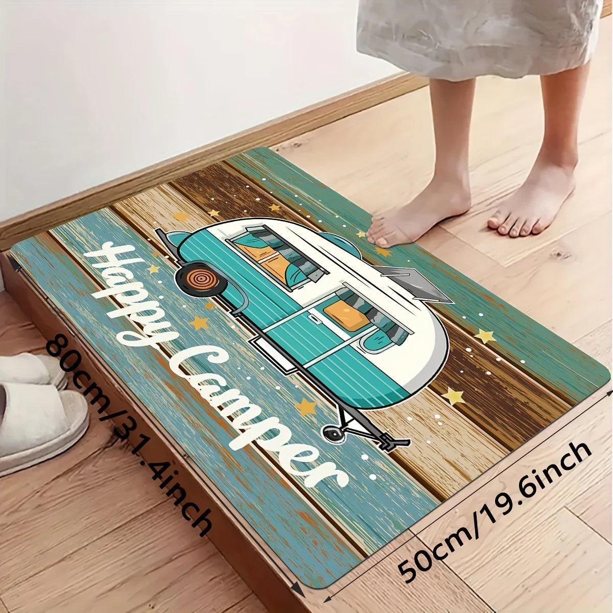 Camping Car Pattern Mat - Colorful Wood Grain with White Letters, Non-Slip Outdoor Rug for RV, Picnic & Travel Decor