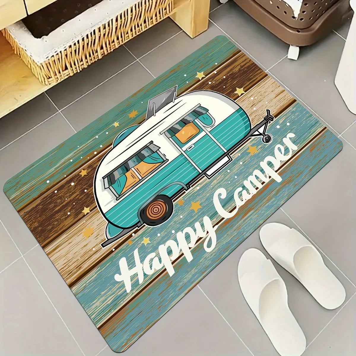 Camping Car Pattern Mat - Colorful Wood Grain with White Letters, Non-Slip Outdoor Rug for RV, Picnic & Travel Decor