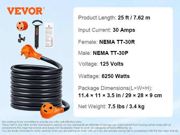 SucceBuy 25/50ft RV Extension Cord 30/50Amp STW RV Power Cord with LED Indicator Handle 15A Adapter for RV&Generators ETL Listed