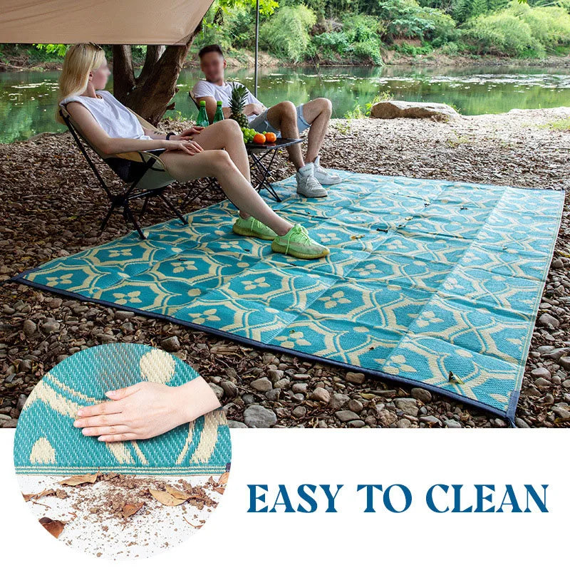 Large Outdoor Carpet for Patio Reuse Motorhome Patio Rugs Foldable Portable Summer Waterproof PP Tube Woven Beach Floor Mat Blue