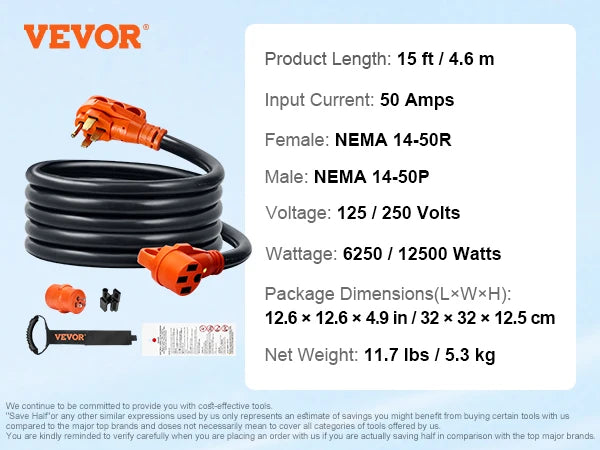 SucceBuy 25/50ft RV Extension Cord 30/50Amp STW RV Power Cord with LED Indicator Handle 15A Adapter for RV&Generators ETL Listed