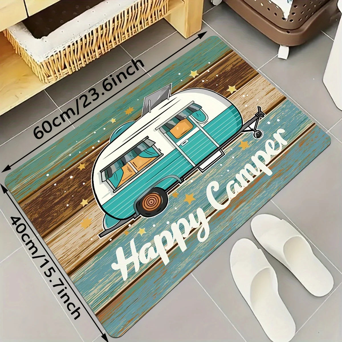 Camping Car Pattern Mat - Colorful Wood Grain with White Letters, Non-Slip Outdoor Rug for RV, Picnic & Travel Decor