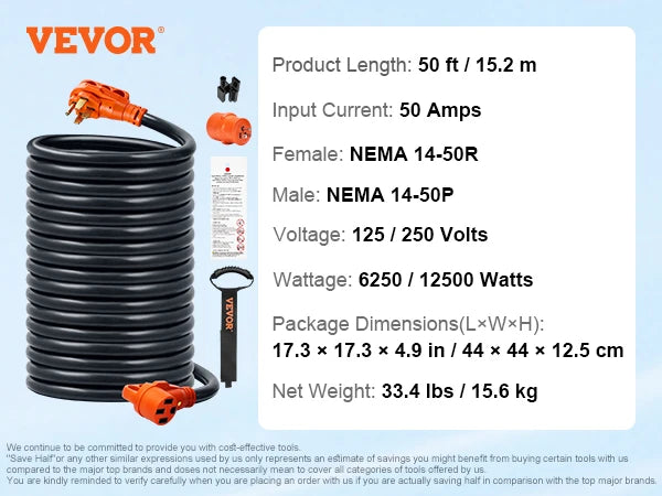 SucceBuy 25/50ft RV Extension Cord 30/50Amp STW RV Power Cord with LED Indicator Handle 15A Adapter for RV&Generators ETL Listed