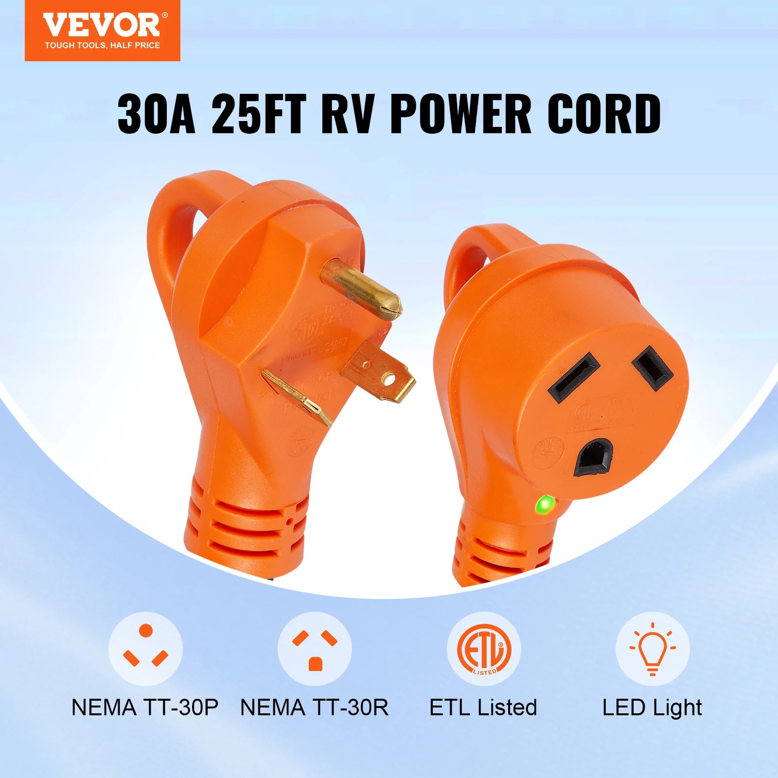 SucceBuy 25/50ft RV Extension Cord 30/50Amp STW RV Power Cord with LED Indicator Handle 15A Adapter for RV&Generators ETL Listed